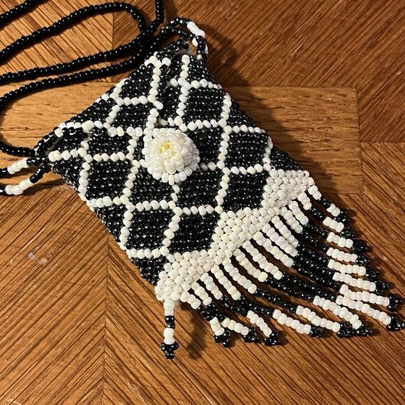 Vintage Hand Made Seed Beaded Fringe Pouch Necklace Blue White Tiny Bag - Picture 1 of 7